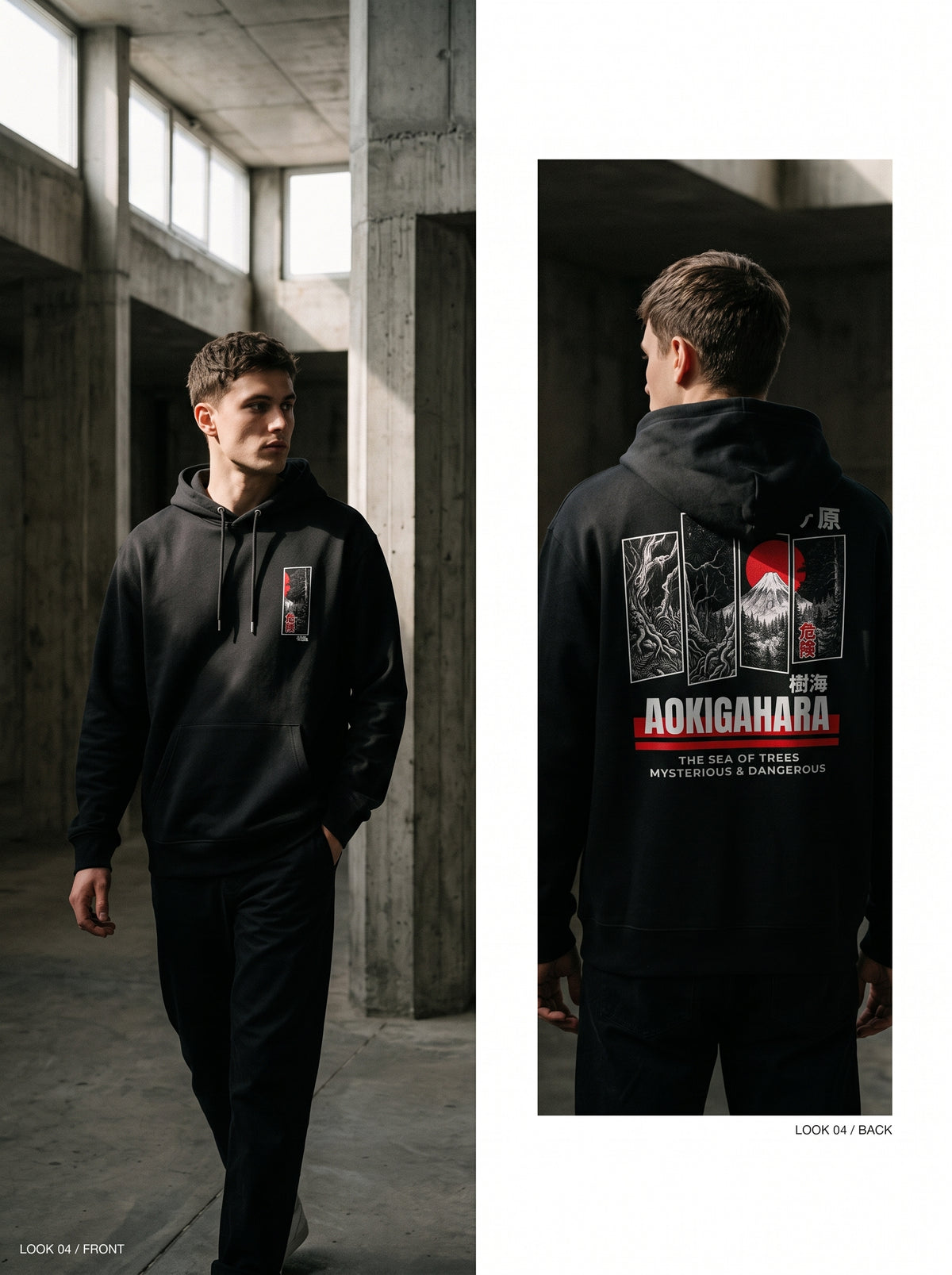 RIAL True - "Aokigahara" Jukai Forest Graphic Hoodie, Japanese Mountain Design BLACK