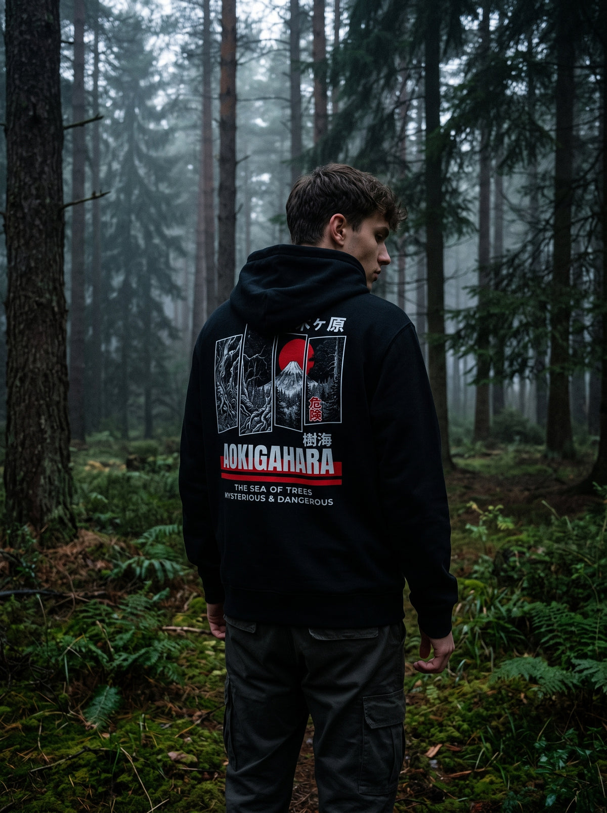 RIAL True - "Aokigahara" Jukai Forest Graphic Hoodie, Japanese Mountain Design BLACK