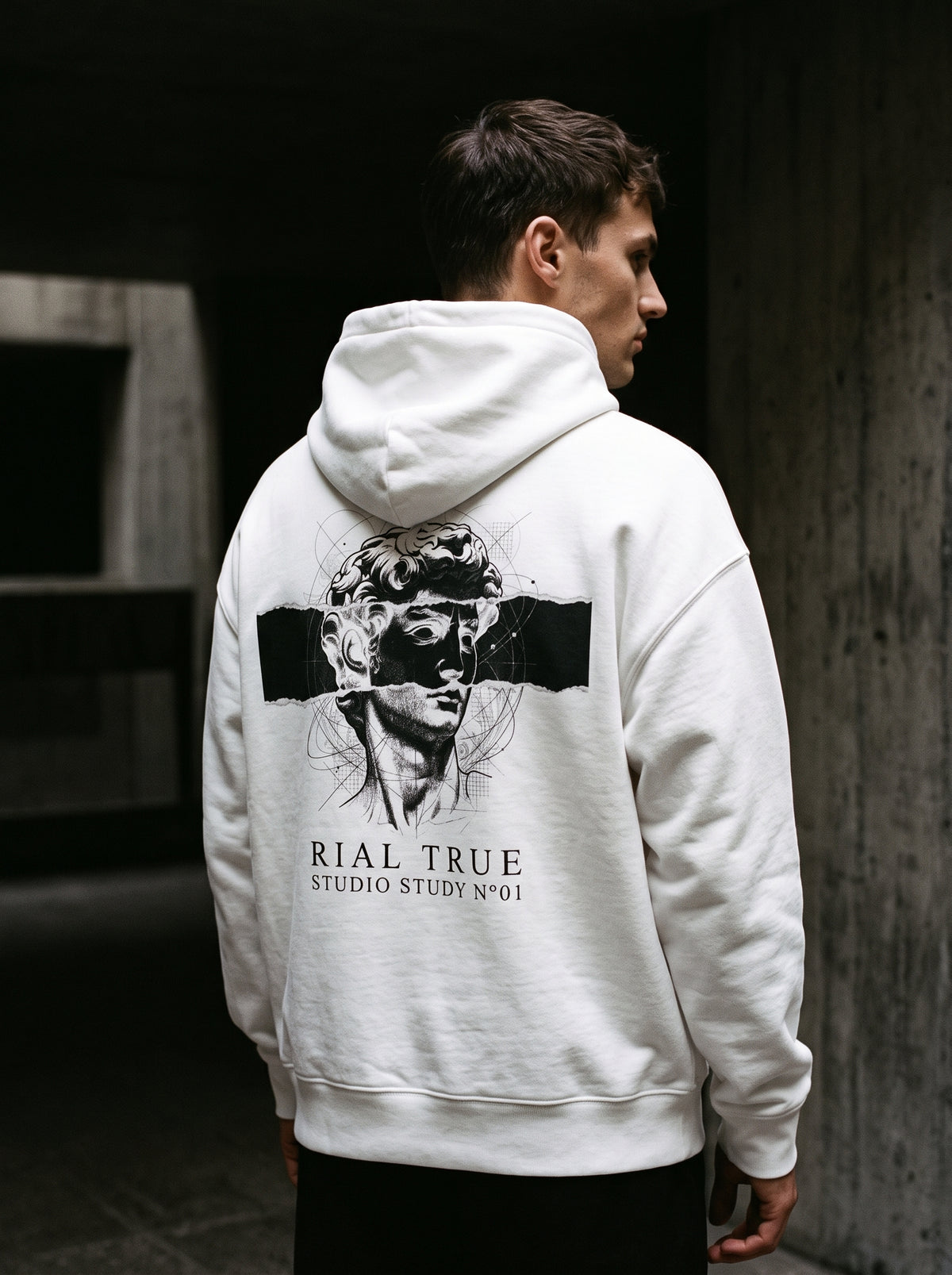 RIAL TRUE - "ARCHIVE_01" Studio Study N°01 Graphic Hoodie, Renaissance Art & Brutalist Design WHITE