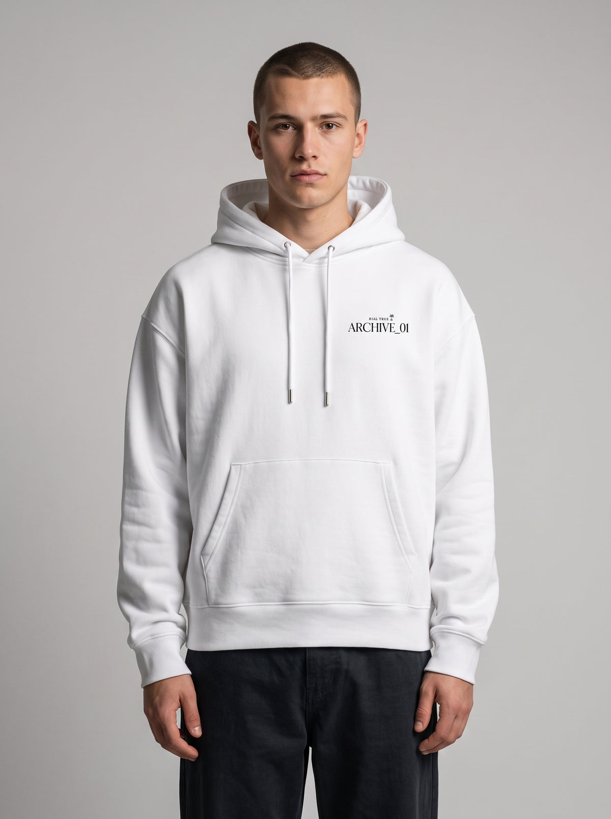 RIAL TRUE - "ARCHIVE_01" Studio Study N°01 Graphic Hoodie, Renaissance Art & Brutalist Design WHITE
