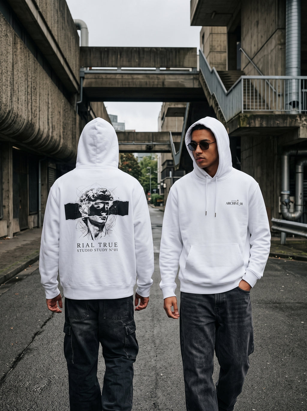 RIAL TRUE - "ARCHIVE_01" Studio Study N°01 Graphic Hoodie, Renaissance Art & Brutalist Design WHITE