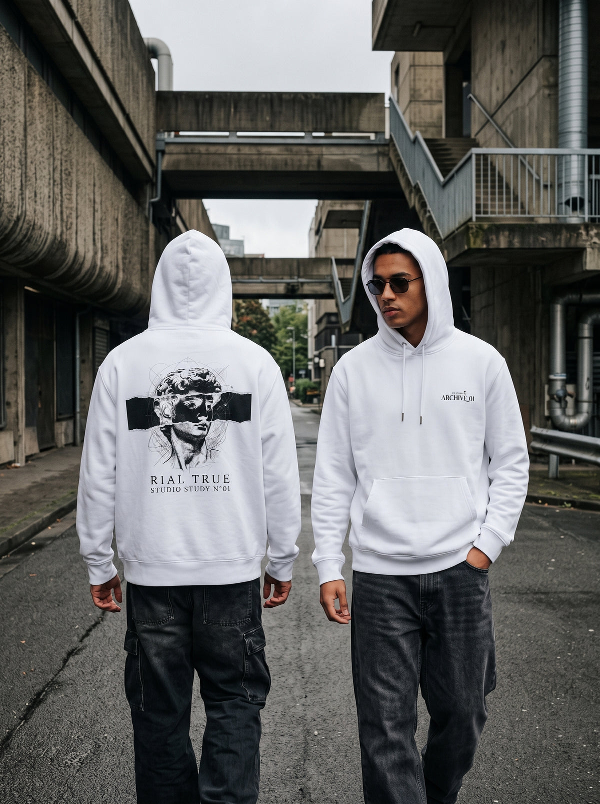 RIAL TRUE - "ARCHIVE_01" Studio Study N°01 Graphic Hoodie, Renaissance Art & Brutalist Design WHITE