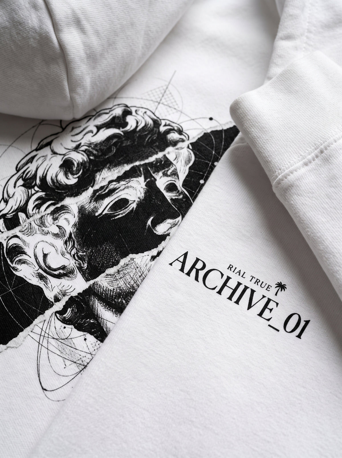 RIAL TRUE - "ARCHIVE_01" Studio Study N°01 Graphic Hoodie, Renaissance Art & Brutalist Design WHITE