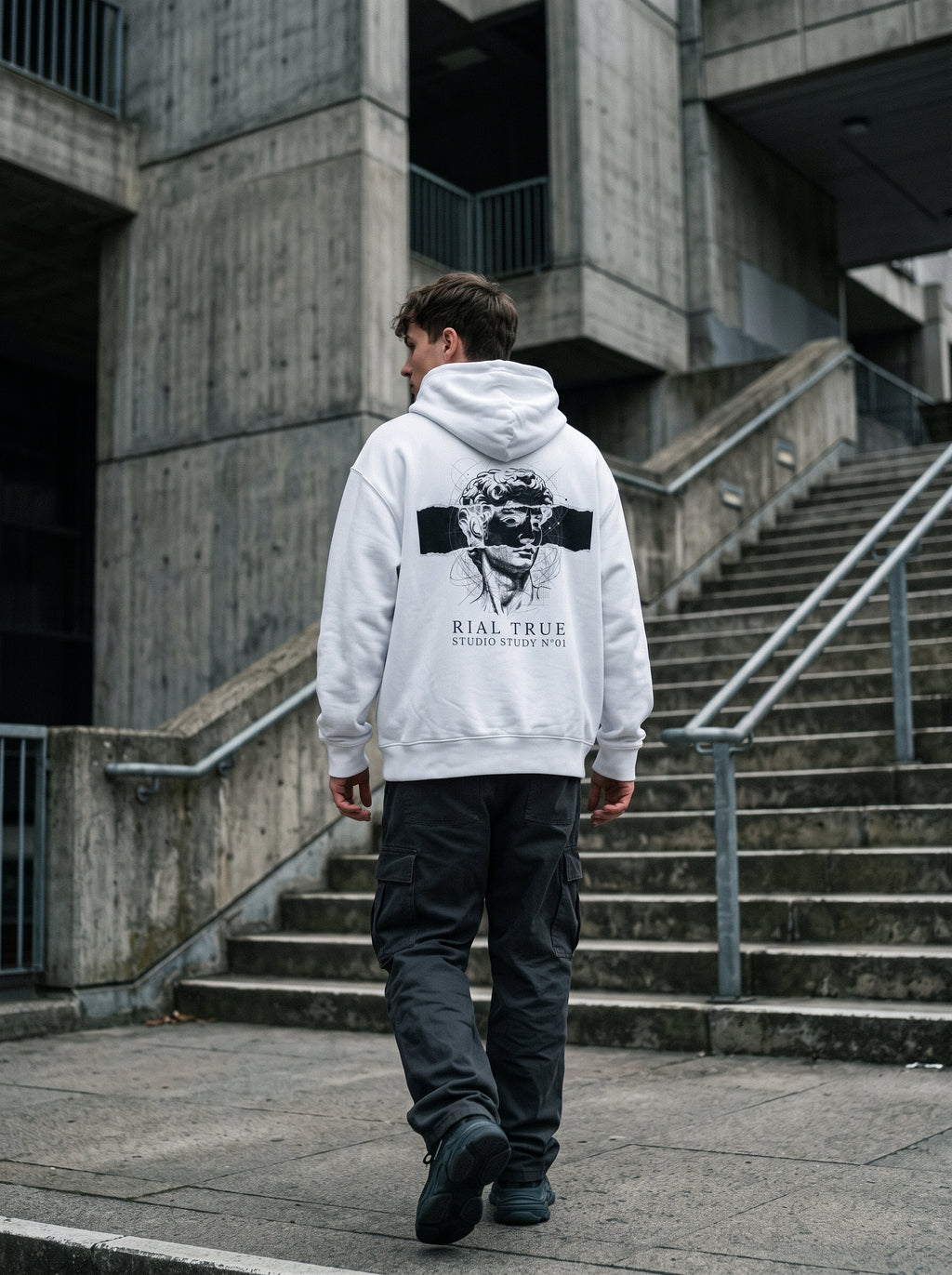 RIAL TRUE - "ARCHIVE_01" Studio Study N°01 Graphic Hoodie, Renaissance Art & Brutalist Design WHITE