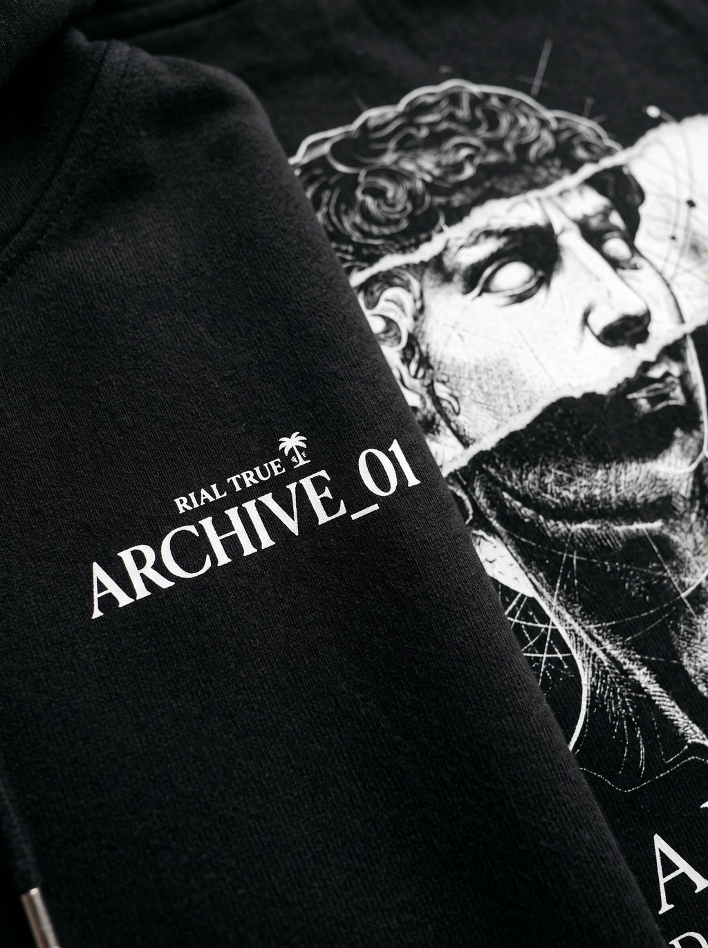 RIAL TRUE - "ARCHIVE_01" Studio Study N°01 Graphic Hoodie, Renaissance Art & Brutalist Design BLACK