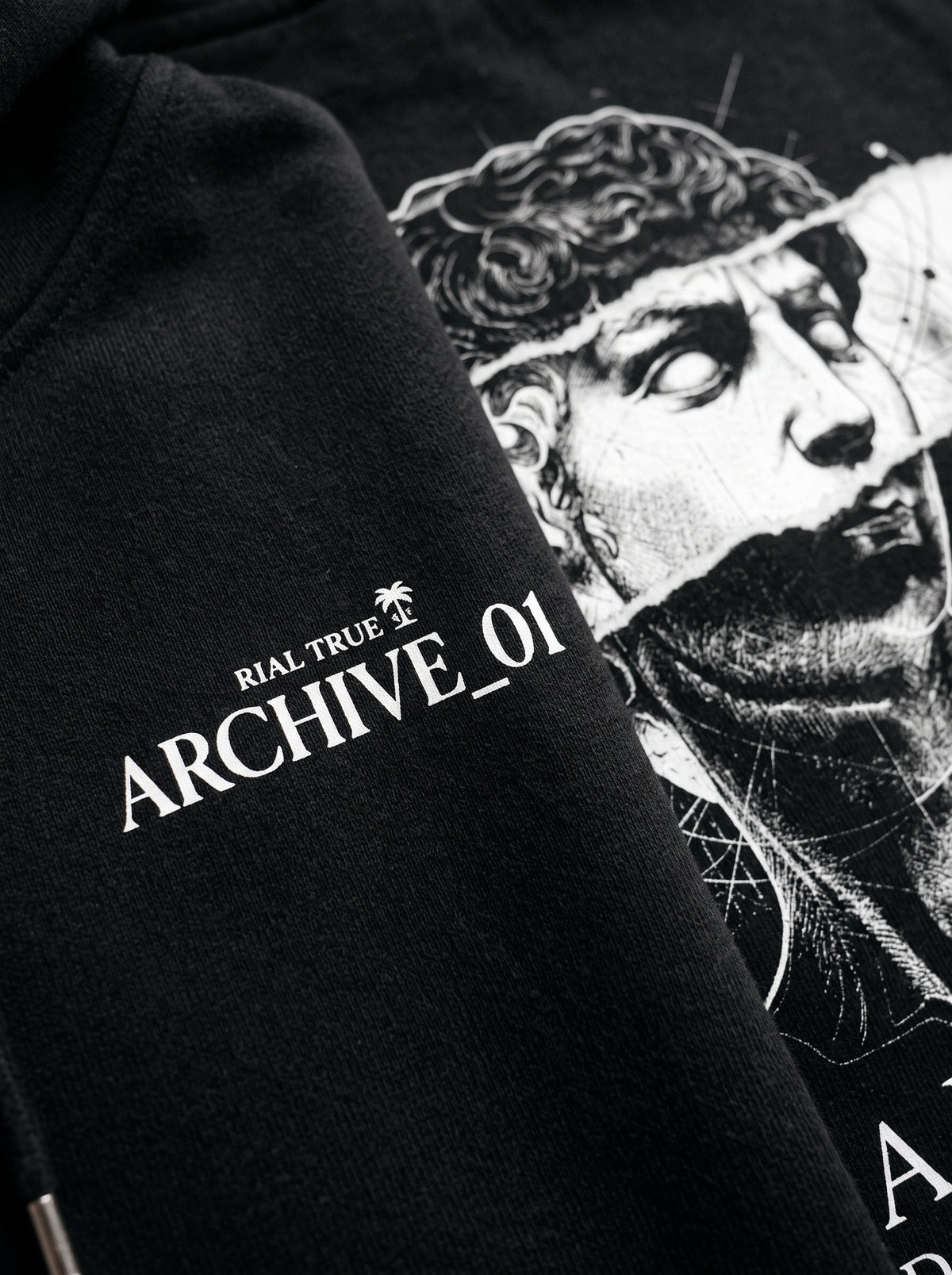 RIAL TRUE - "ARCHIVE_01" Studio Study N°01 Graphic Hoodie, Renaissance Art & Brutalist Design BLACK