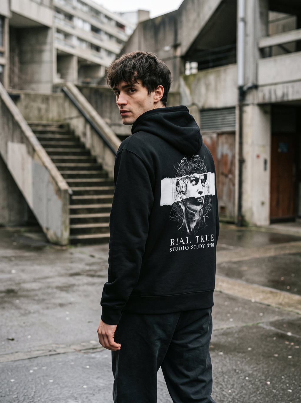 RIAL TRUE - "ARCHIVE_01" Studio Study N°01 Graphic Hoodie, Renaissance Art & Brutalist Design BLACK